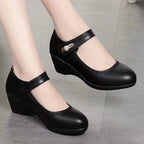 Women's Mary Jane Wedge Heels with Rhinestone Buckle and Round Toe