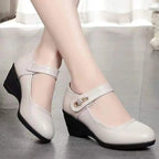Women's Mary Jane Wedge Heels with Rhinestone Buckle and Round Toe