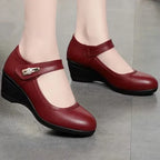 Women's Mary Jane Wedge Heels with Rhinestone Buckle and Round Toe