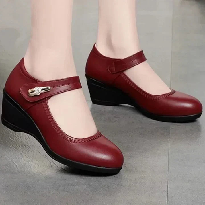 Women's Mary Jane Wedge Heels with Rhinestone Buckle and Round Toe
