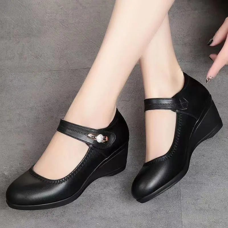 Women's Mary Jane Wedge Heels with Rhinestone Buckle and Round Toe