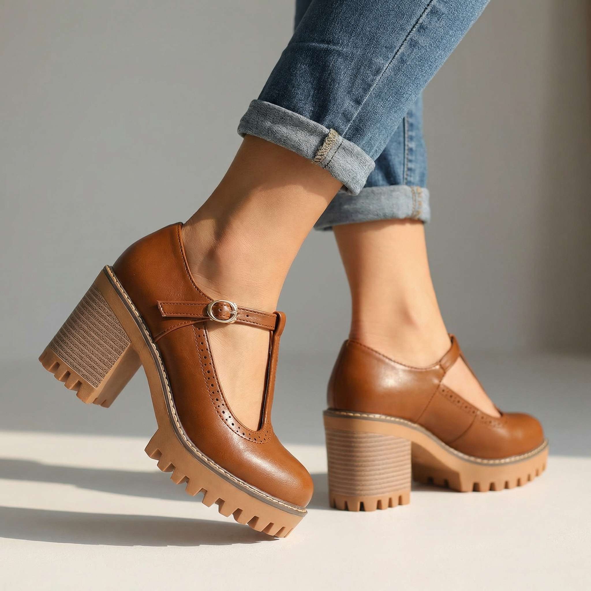 Women's Mary Jane Heels with Chunky T-Strap