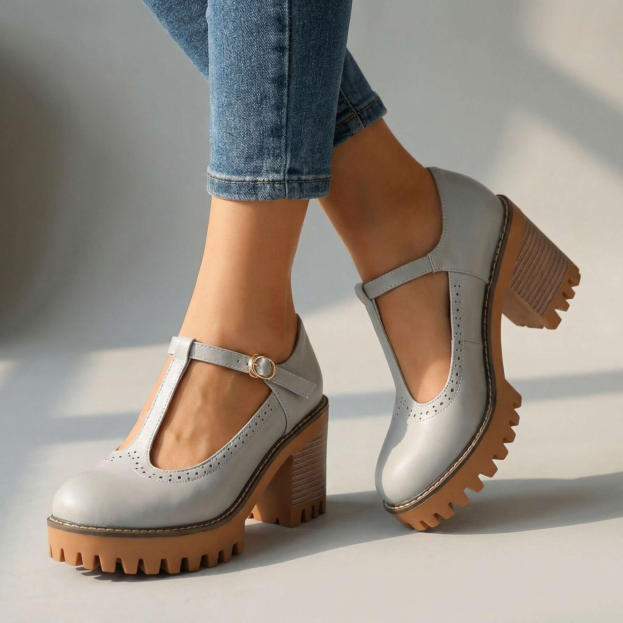 Women's Mary Jane Heels with Chunky T-Strap