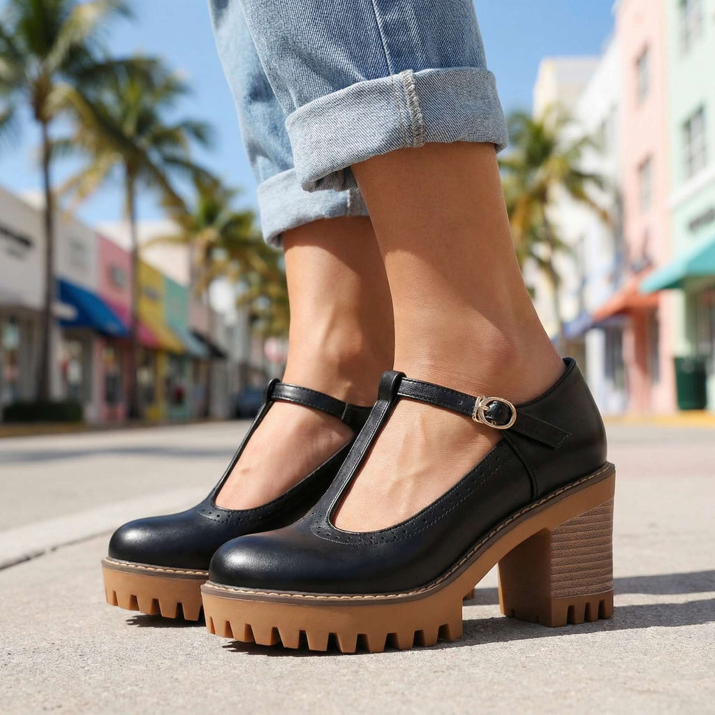 Women's Mary Jane Heels with Chunky T-Strap