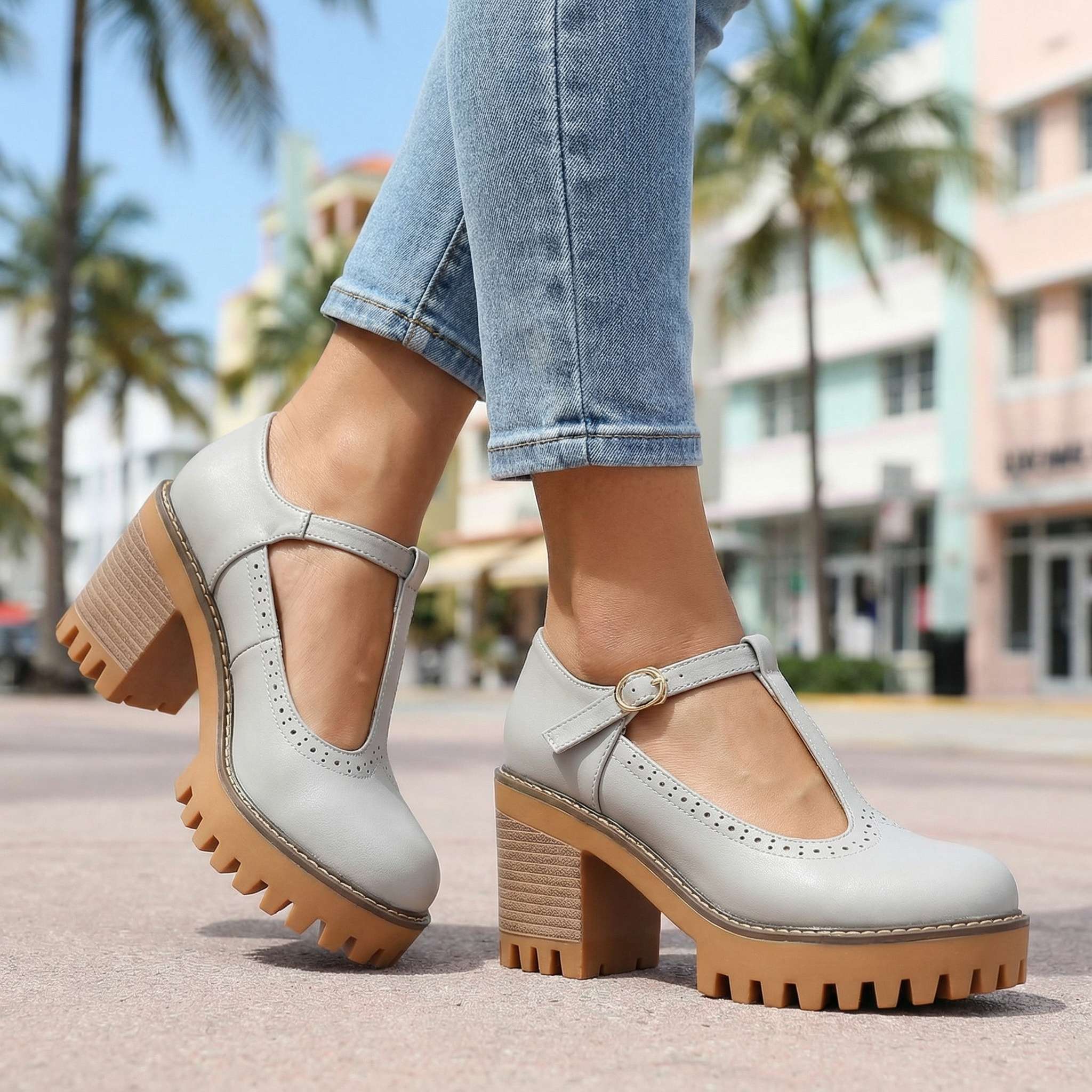 Women's Mary Jane Heels with Chunky T-Strap