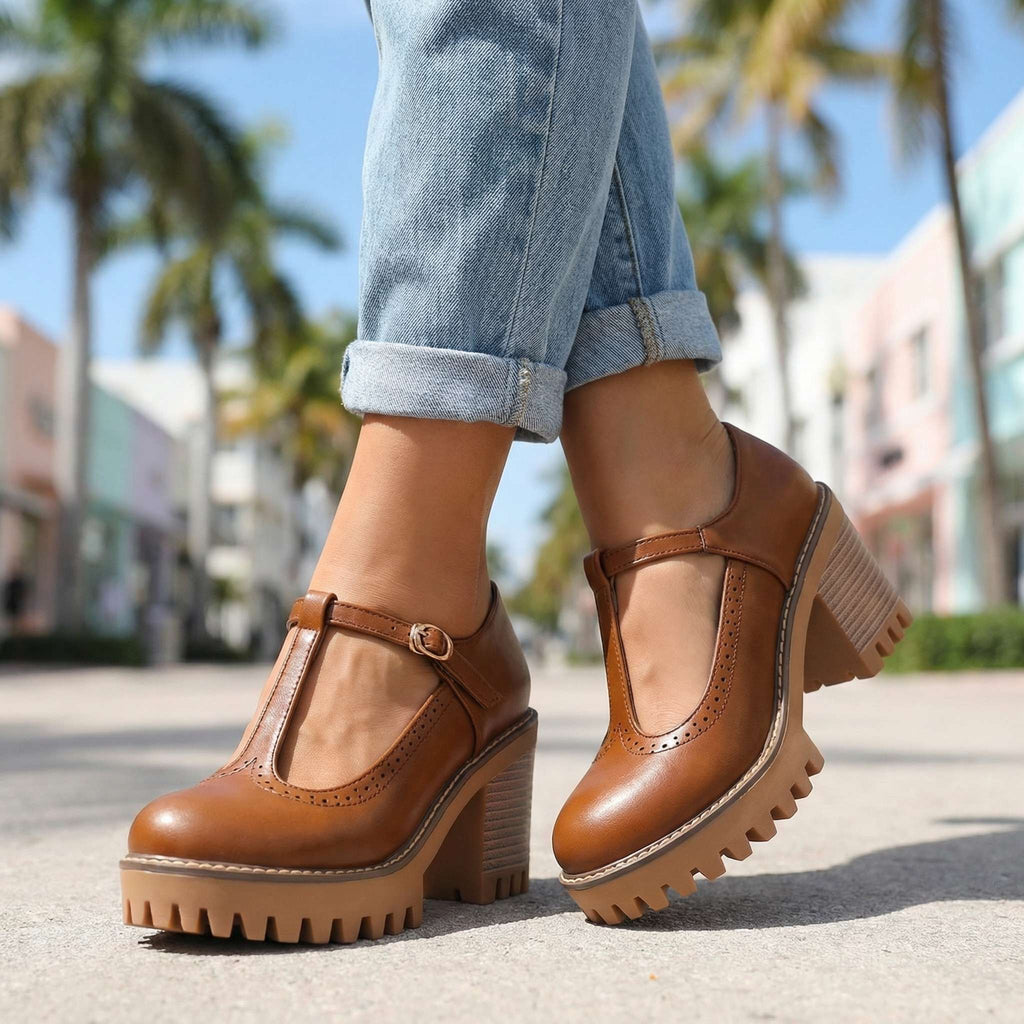 Women's Mary Jane Heels with Chunky T-Strap