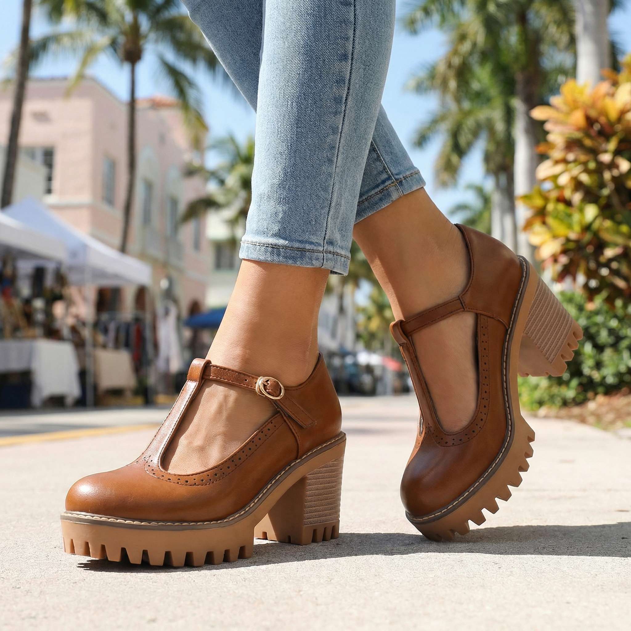 Women's Mary Jane Heels with Chunky T-Strap