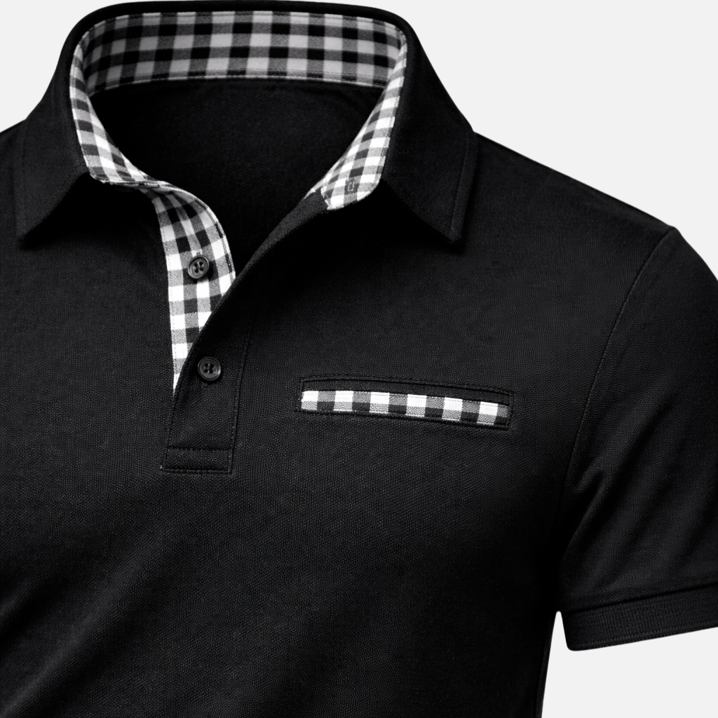 Men's Long-Sleeve Polo Shirt with Checkered Collar