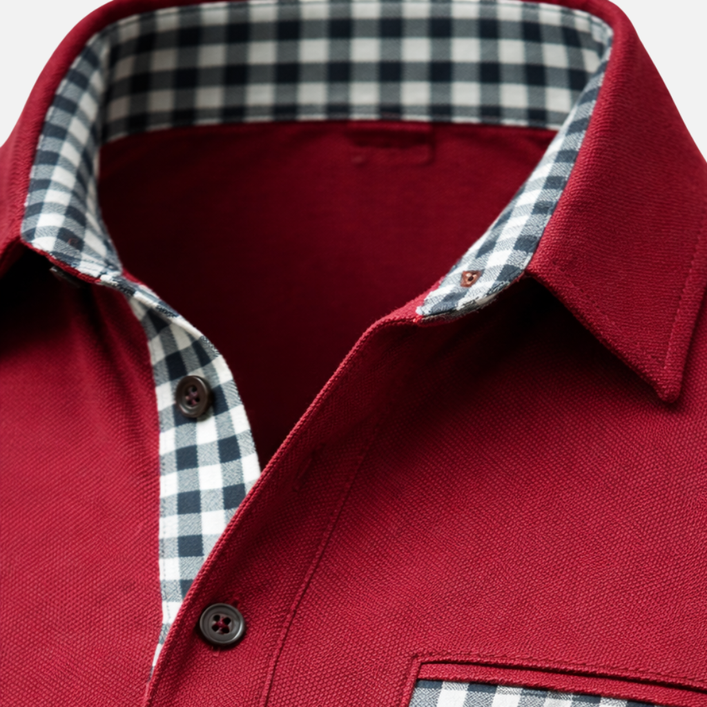 Men's Long-Sleeve Polo Shirt with Checkered Collar