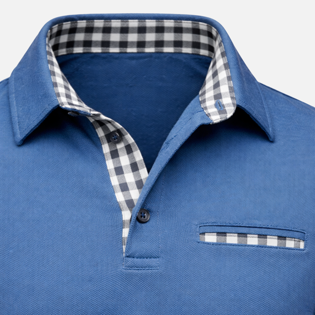 Men's Long-Sleeve Polo Shirt with Checkered Collar