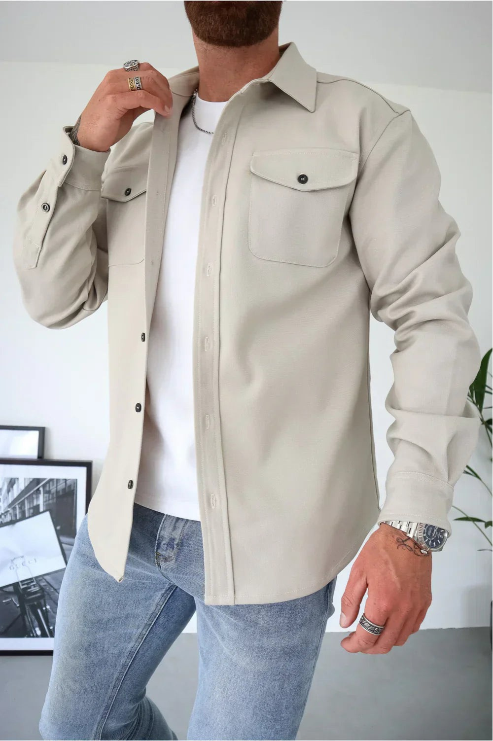 Men's Button-Up Overshirt with Chest Pocket