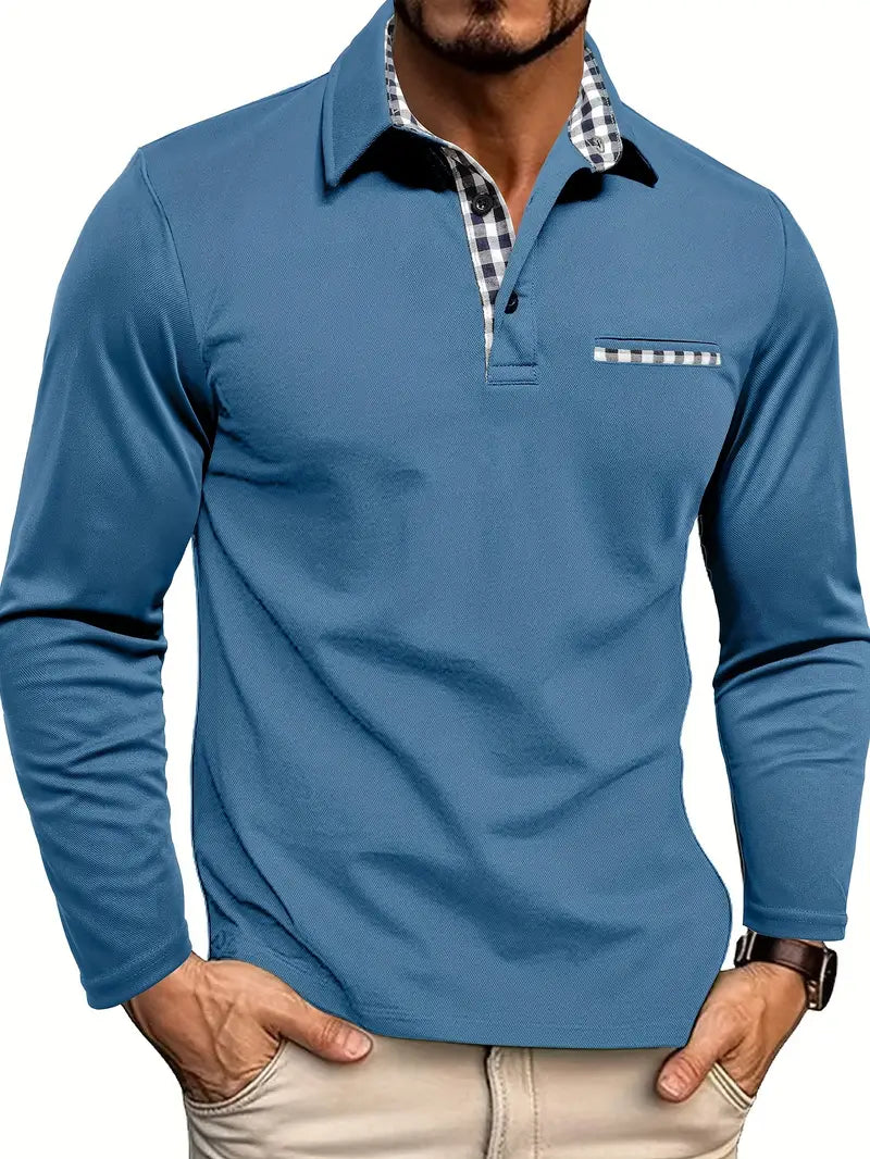 Men's Long-Sleeve Polo Shirt with Checkered Collar