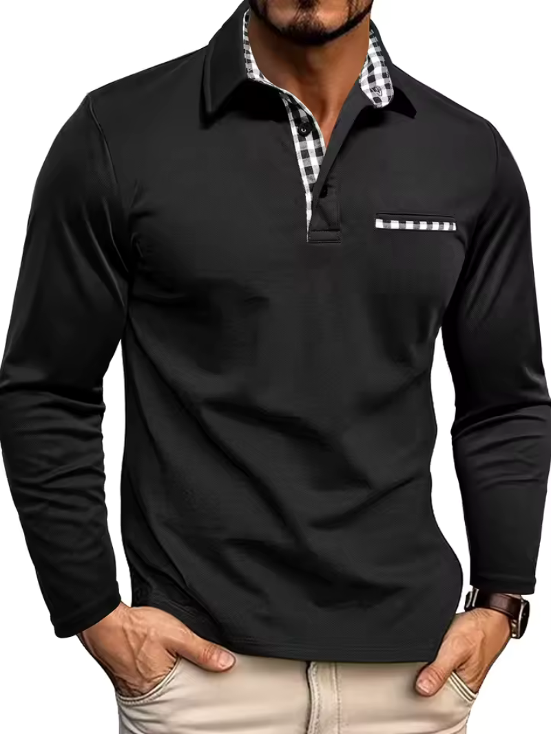 Men's Long-Sleeve Polo Shirt with Checkered Collar