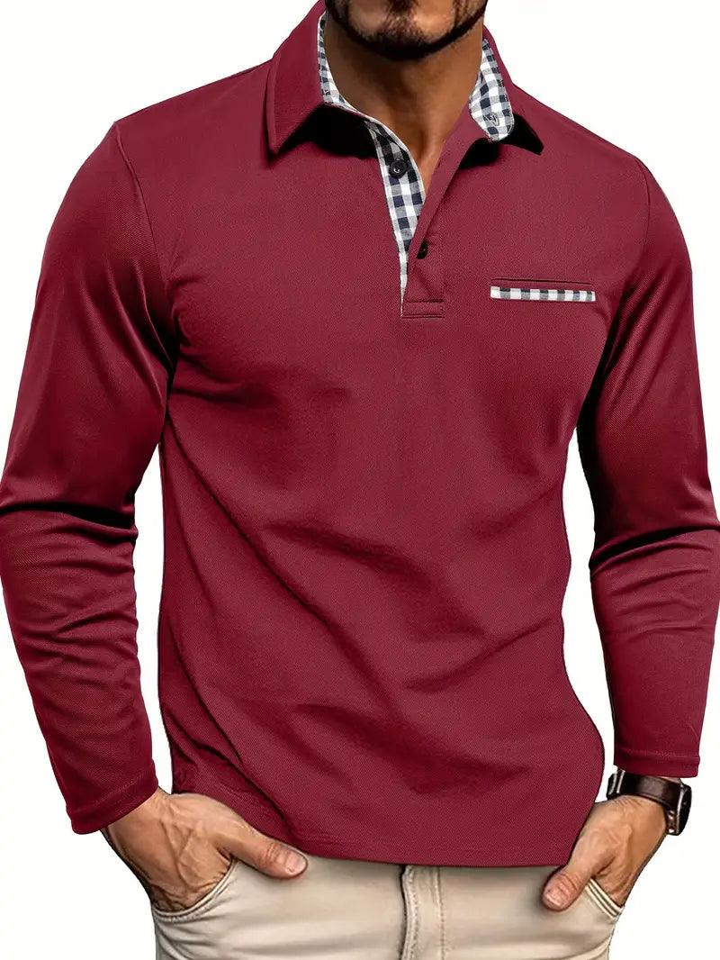 Men's Long-Sleeve Polo Shirt with Checkered Collar