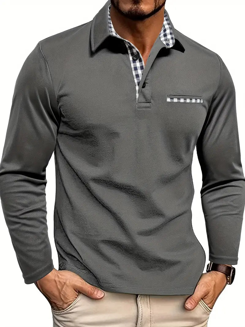 Men's Long-Sleeve Polo Shirt with Checkered Collar