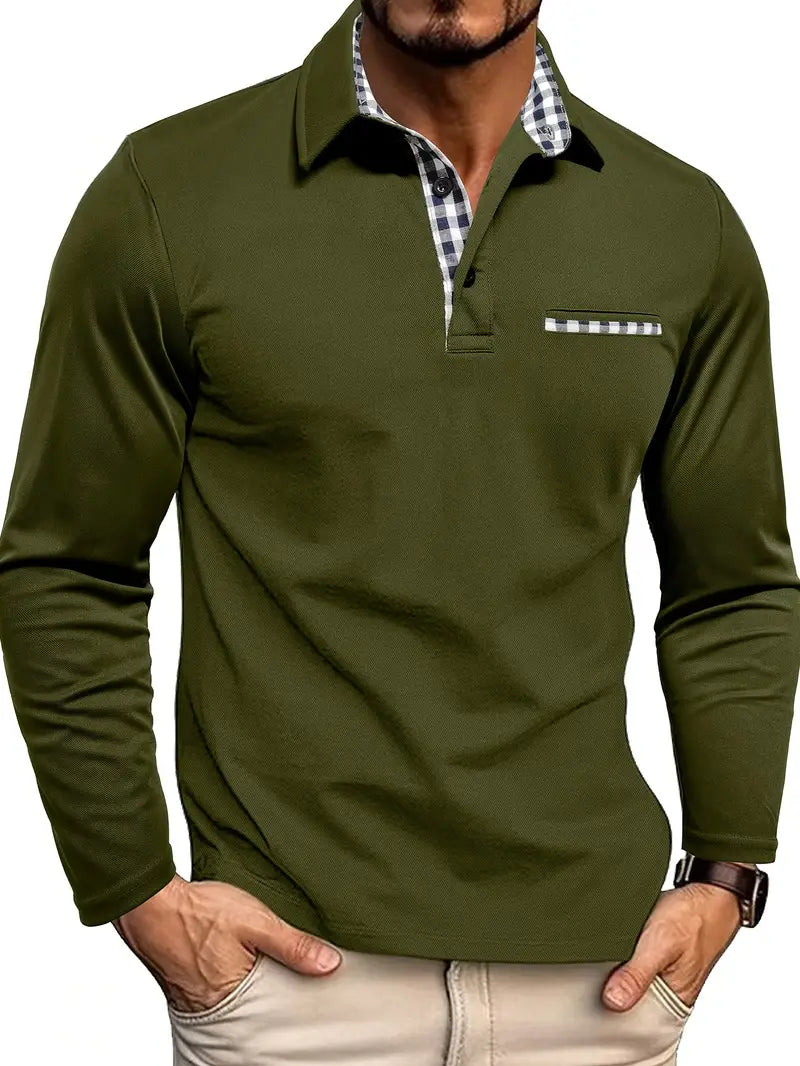 Men's Long-Sleeve Polo Shirt with Checkered Collar