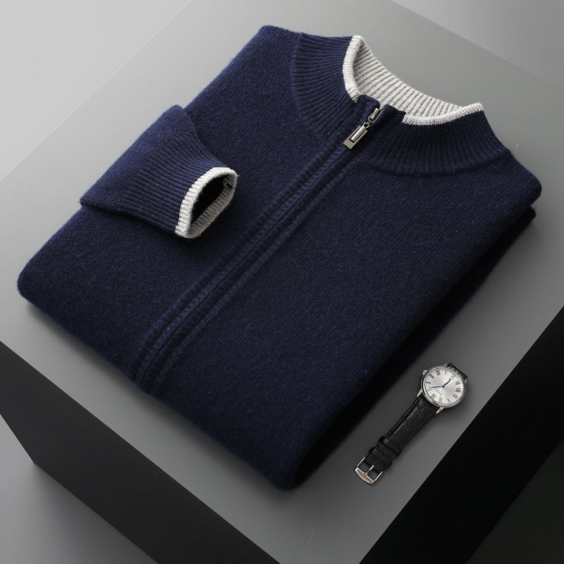 Men's Zip-Front Knit Sweater with Ribbed Collar