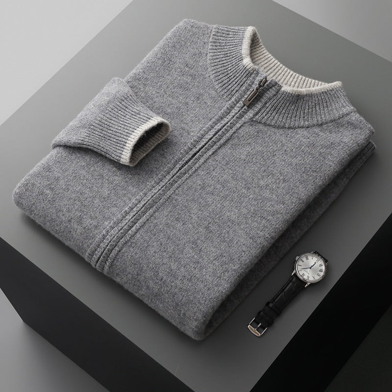 Men's Zip-Front Knit Sweater with Ribbed Collar