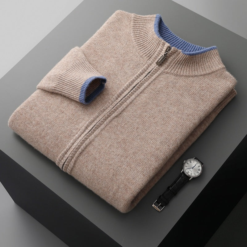 Men's Zip-Front Knit Sweater with Ribbed Collar