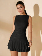 Women's Ruched Mini Party Dress with Boat Neck