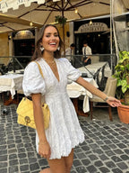Women's Airy Mini Dress with Puff Sleeves and Deep V-Neck