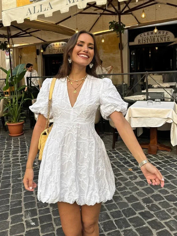 Women's Airy Mini Dress with Puff Sleeves and Deep V-Neck