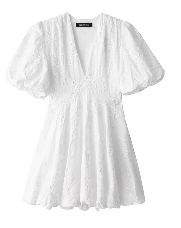 Women's Airy Mini Dress with Puff Sleeves and Deep V-Neck