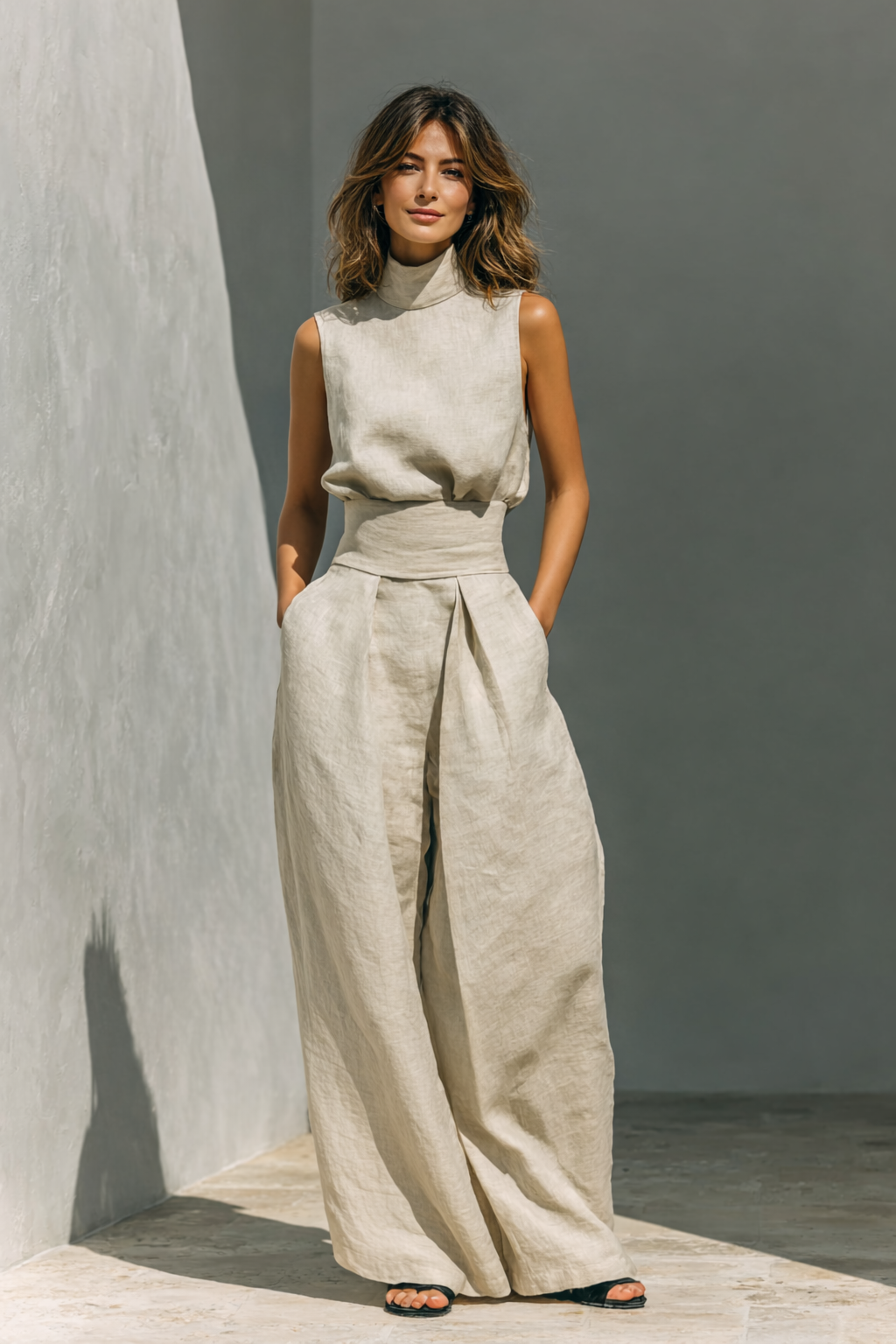 Women's Minimalist Linen Set with Wide-Leg Trousers