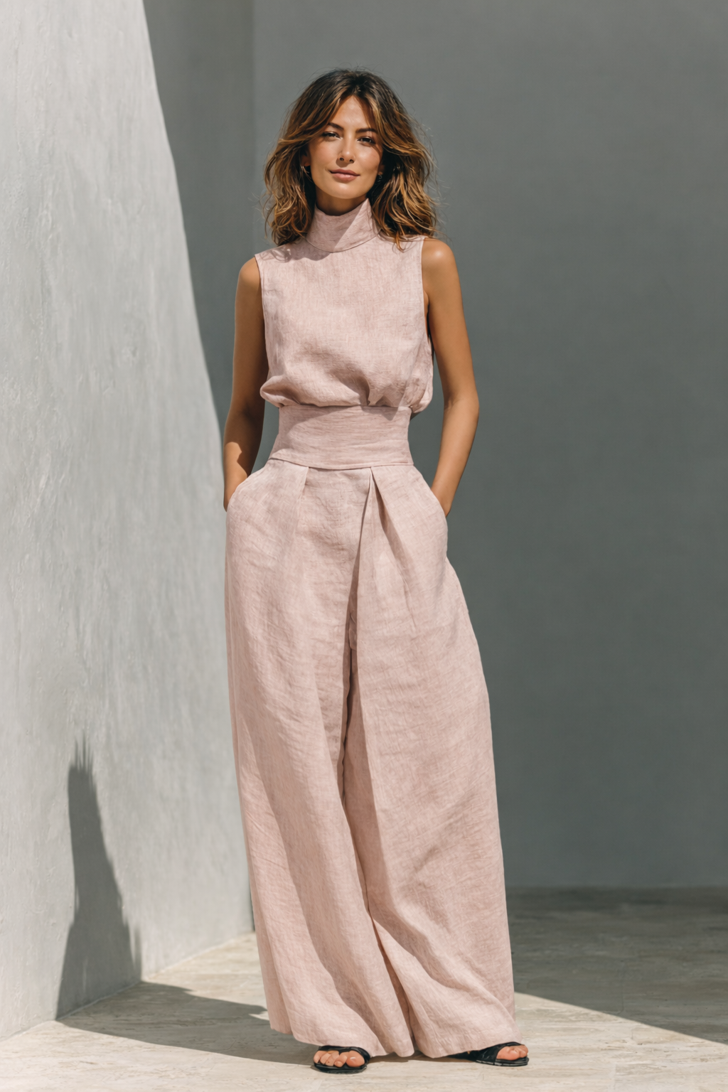 Women's Minimalist Linen Set with Wide-Leg Trousers