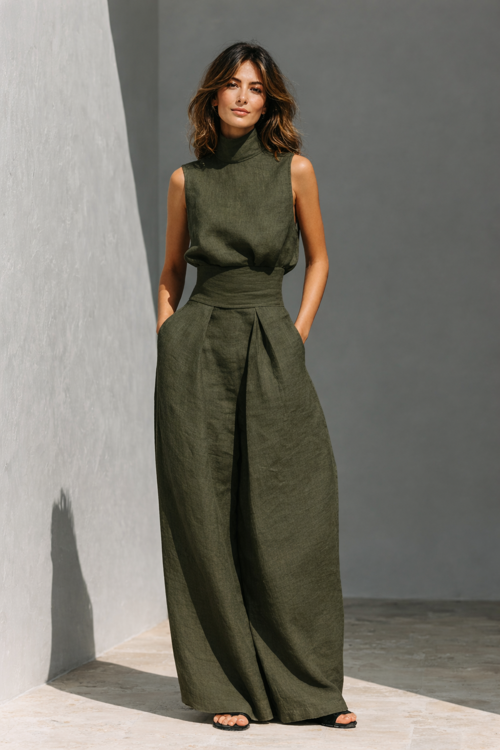 Women's Minimalist Linen Set with Wide-Leg Trousers