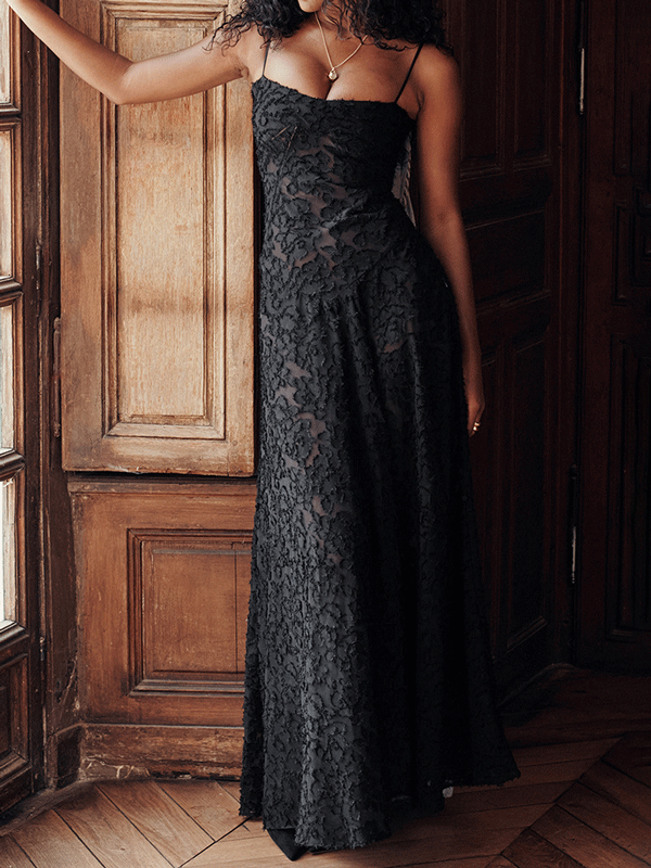 Black Floral Lame Maxi Dress with Lace-Up Back