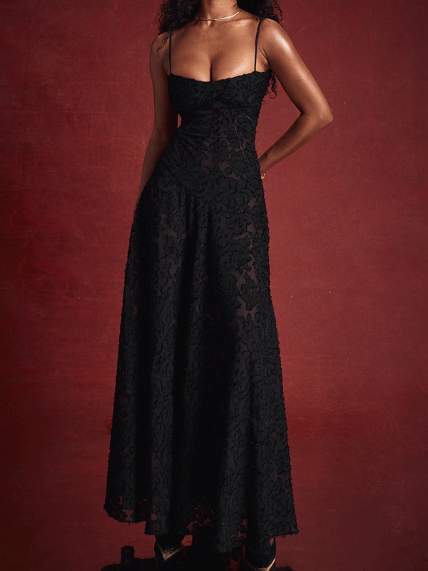 Black Floral Lame Maxi Dress with Lace-Up Back