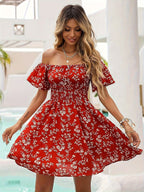 Women's Off-Shoulder Chiffon Midi Dress with Smocked Bodice