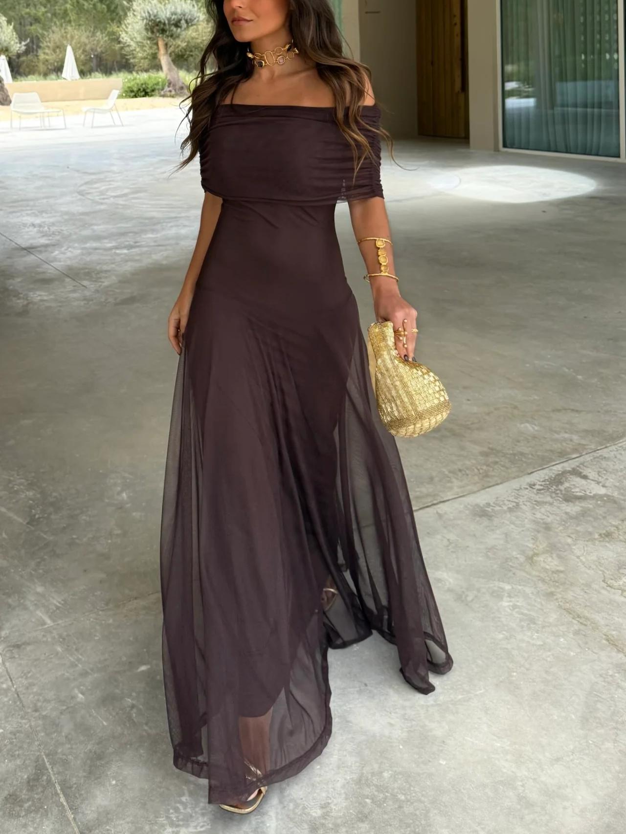 Women's Romantic Maxi Dress with Off-Shoulder Chiffon Overlay