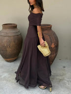 Women's Romantic Maxi Dress with Off-Shoulder Chiffon Overlay