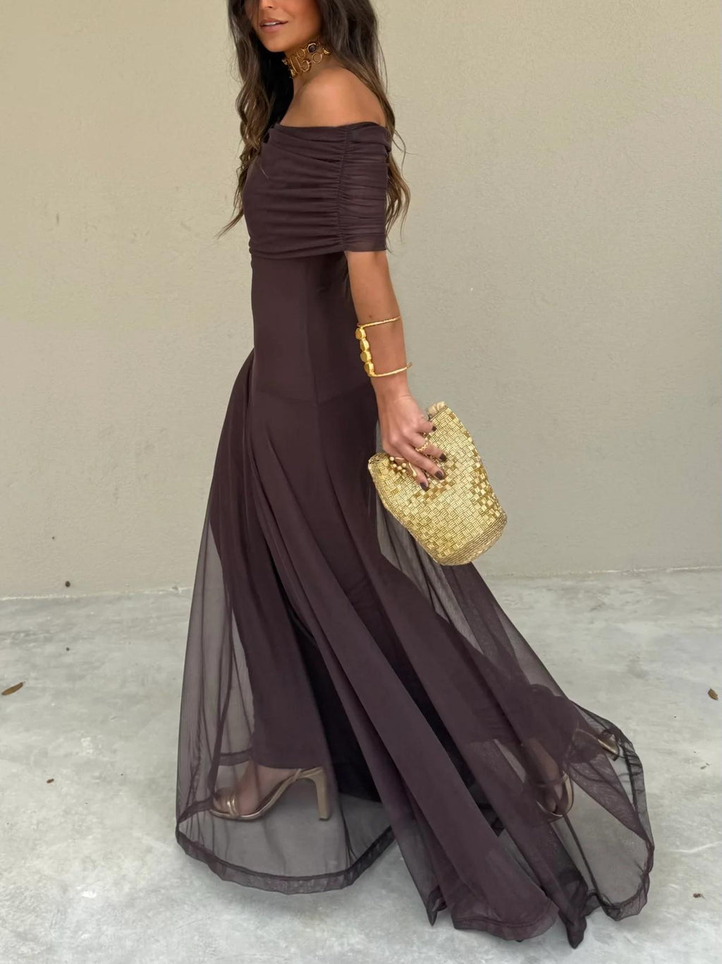 Women's Romantic Maxi Dress with Off-Shoulder Chiffon Overlay