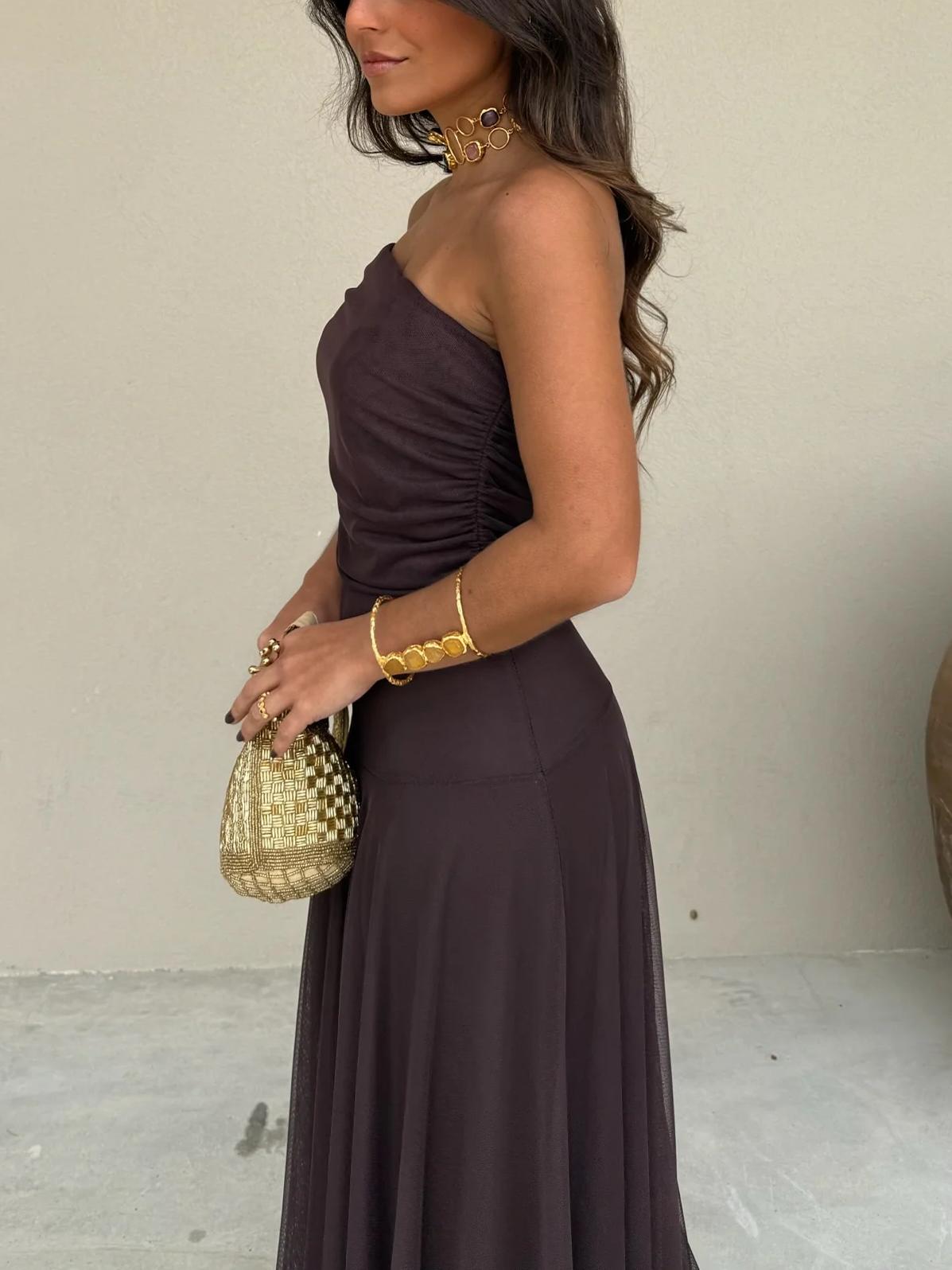 Women's Romantic Maxi Dress with Off-Shoulder Chiffon Overlay