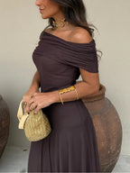 Women's Romantic Maxi Dress with Off-Shoulder Chiffon Overlay