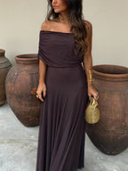 Women's Romantic Maxi Dress with Off-Shoulder Chiffon Overlay