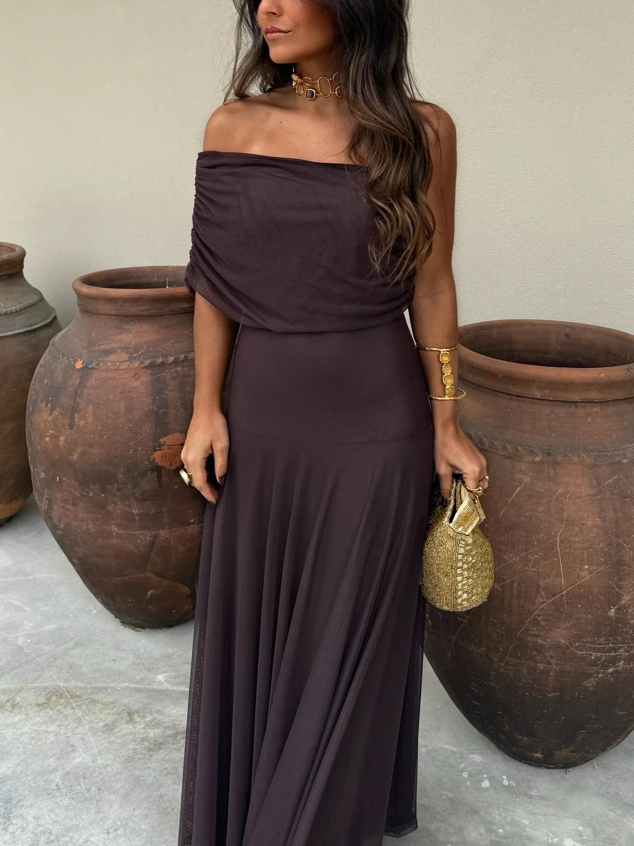 Women's Romantic Maxi Dress with Off-Shoulder Chiffon Overlay