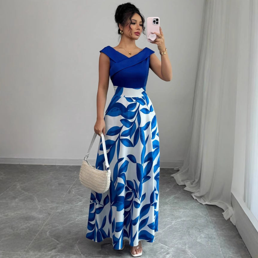 Women's Blue and White Off-Shoulder A-Line Maxi Dress with Fitted Bodice