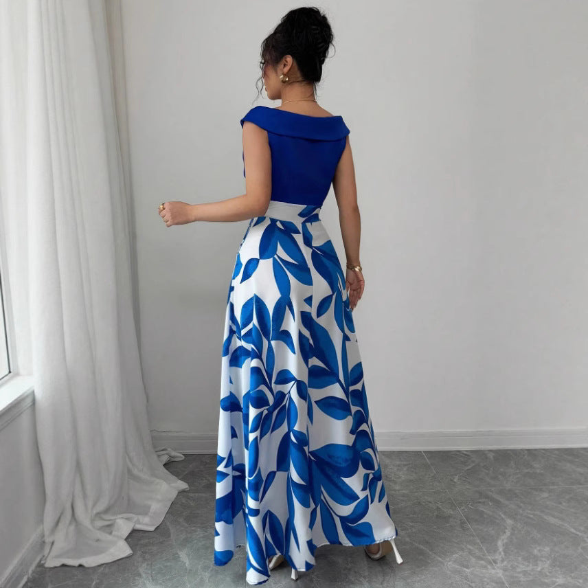 Women's Blue and White Off-Shoulder A-Line Maxi Dress with Fitted Bodice