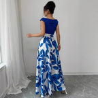 Women's Blue and White Off-Shoulder A-Line Maxi Dress with Fitted Bodice