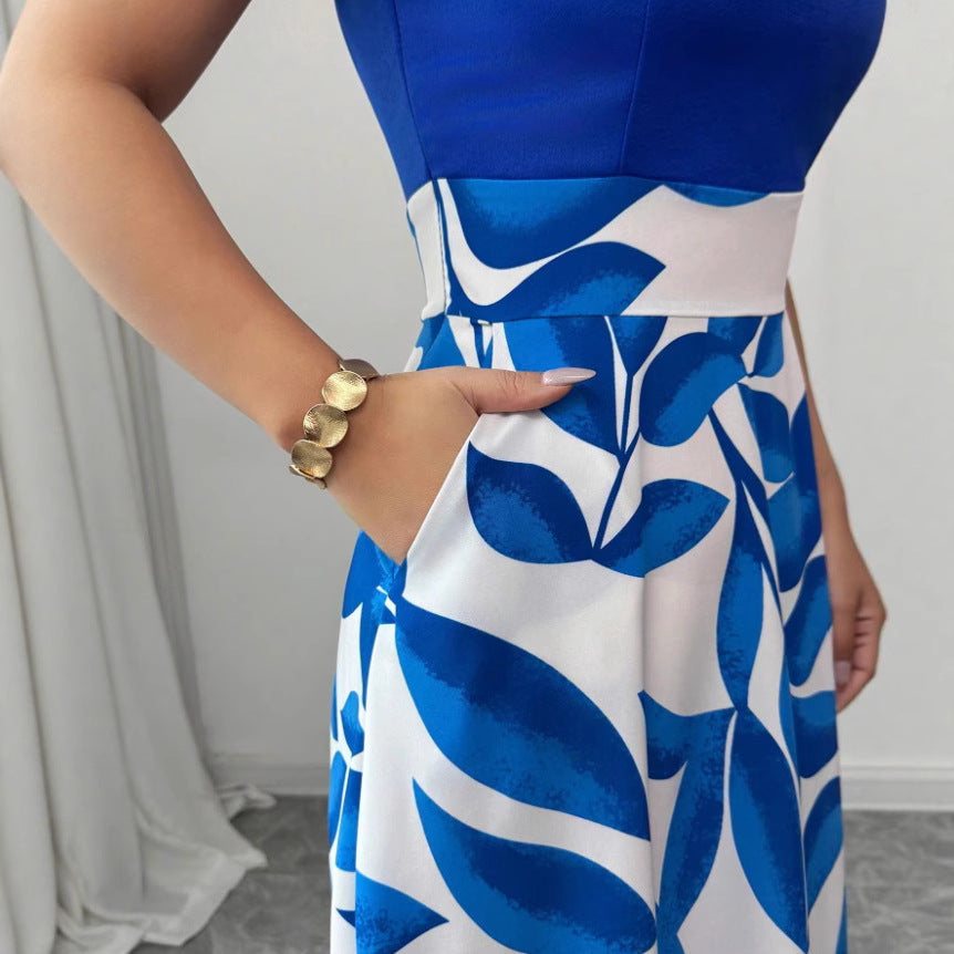 Women's Blue and White Off-Shoulder A-Line Maxi Dress with Fitted Bodice