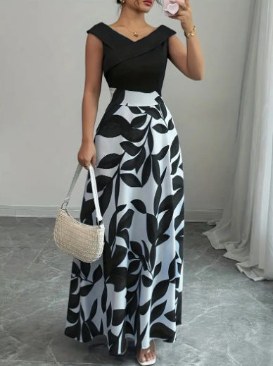 Women's Blue and White Off-Shoulder A-Line Maxi Dress with Fitted Bodice