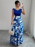 Women's Blue and White Off-Shoulder A-Line Maxi Dress with Fitted Bodice