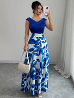 Women's Blue and White Off-Shoulder A-Line Maxi Dress with Fitted Bodice