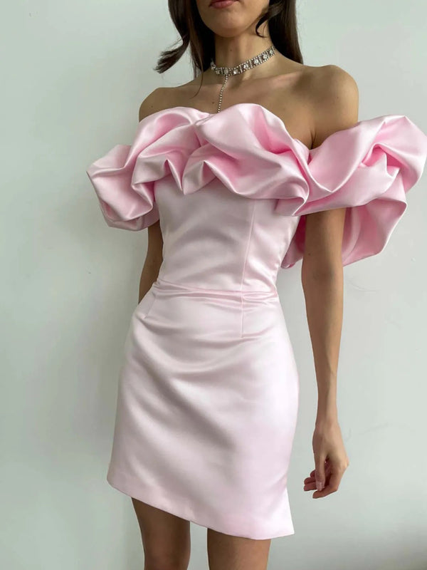 Women's Off-Shoulder Satin Mini Dress with Ruffled Sleeves