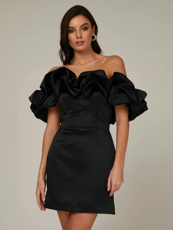 Women's Off-Shoulder Satin Mini Dress with Ruffled Sleeves