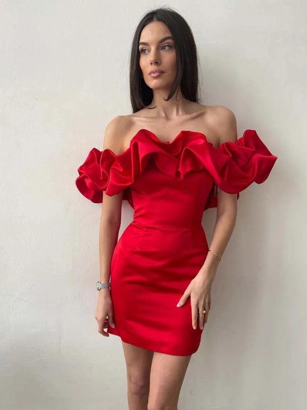 Women's Off-Shoulder Satin Mini Dress with Ruffled Sleeves